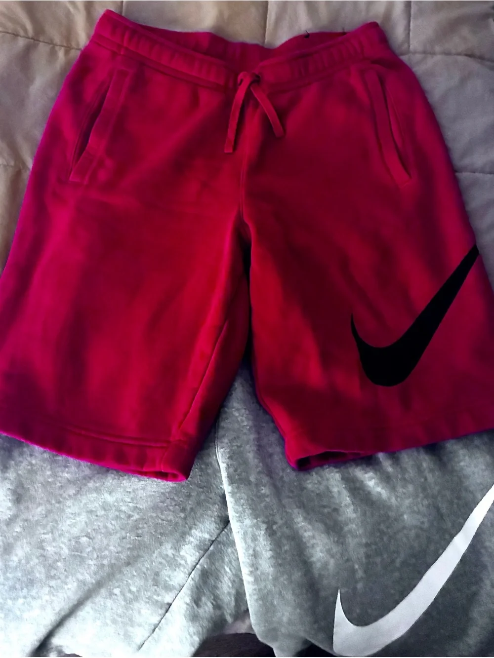 Nike Red and Gray Athletic Shorts with Black and White Swoosh